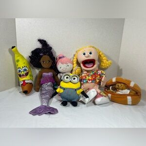 Assorted Of 6 Stuffed Toys (minion, SpongeBob, Puppet, Soft Doll, Mermaid, Bear)
